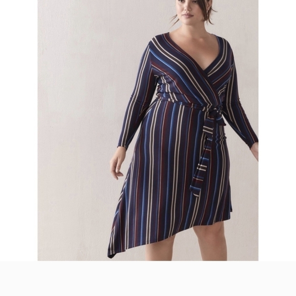 STUNNING 0X - Addition Elle | Striped Asymmetric Faux Wrap Dress - Picture 4 of 8